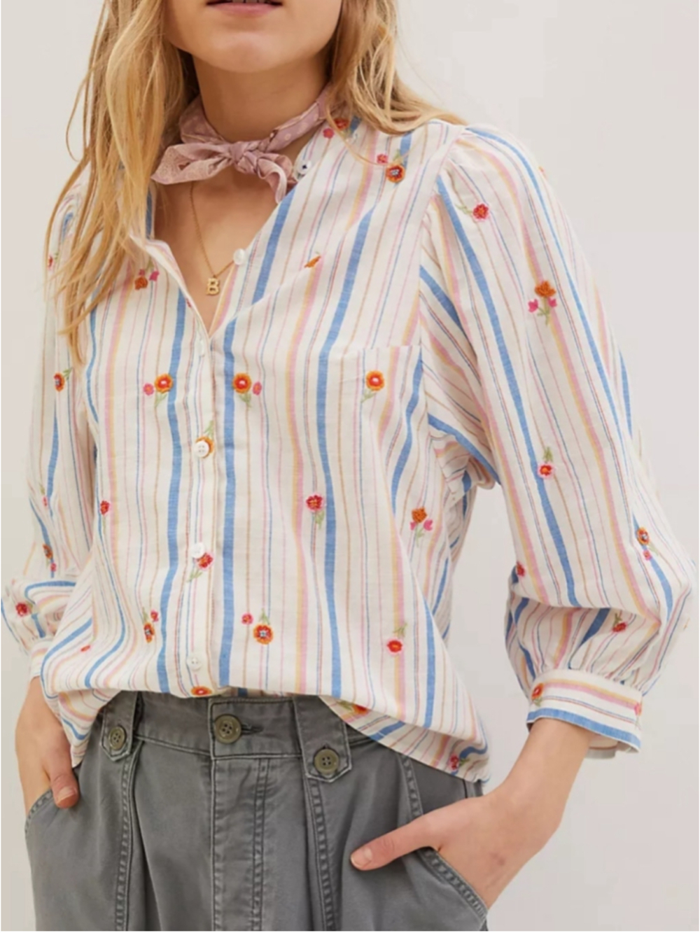 Anthro Pilcro The Bella Femme Buttondown Blouse Size Medium Striped Embroidered